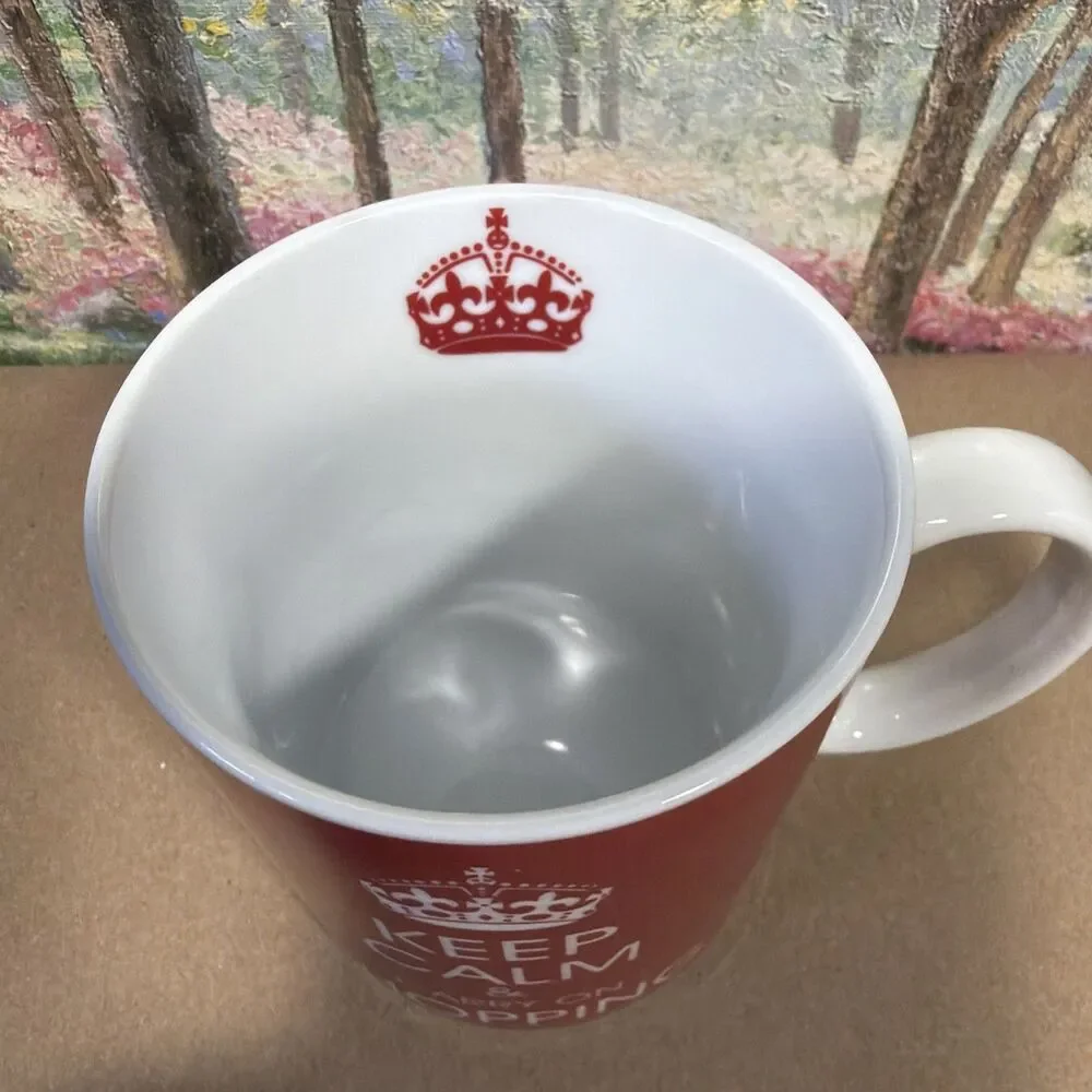Keep Calm and Carry On Shopping Mug Red White Queens Crown Coffee Cup 10oz